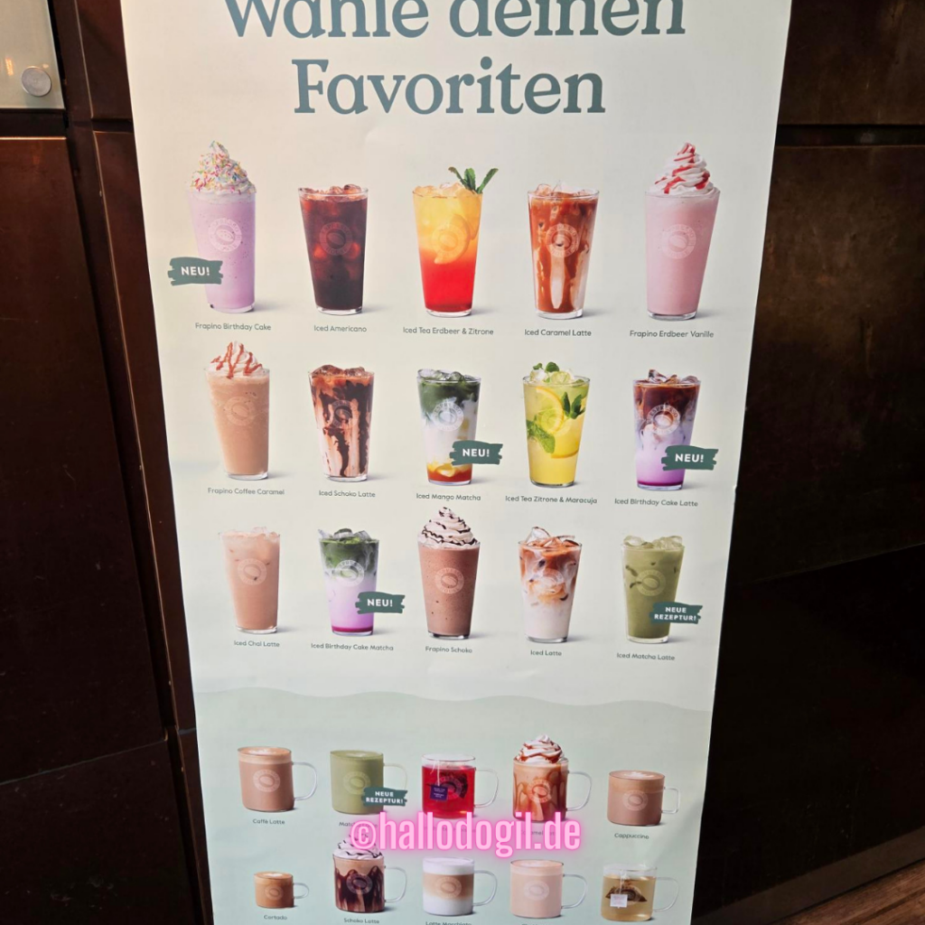 Bild von der Getränkekarte vom Espresso House. Hier gibt es viele  bunte heiße und kalte Getränke mit viel Sirup und Sahne. 